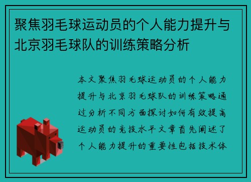 聚焦羽毛球运动员的个人能力提升与北京羽毛球队的训练策略分析
