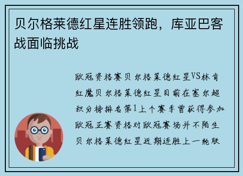 贝尔格莱德红星连胜领跑，库亚巴客战面临挑战