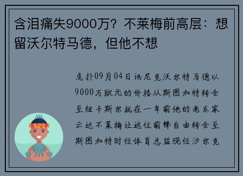 含泪痛失9000万？不莱梅前高层：想留沃尔特马德，但他不想